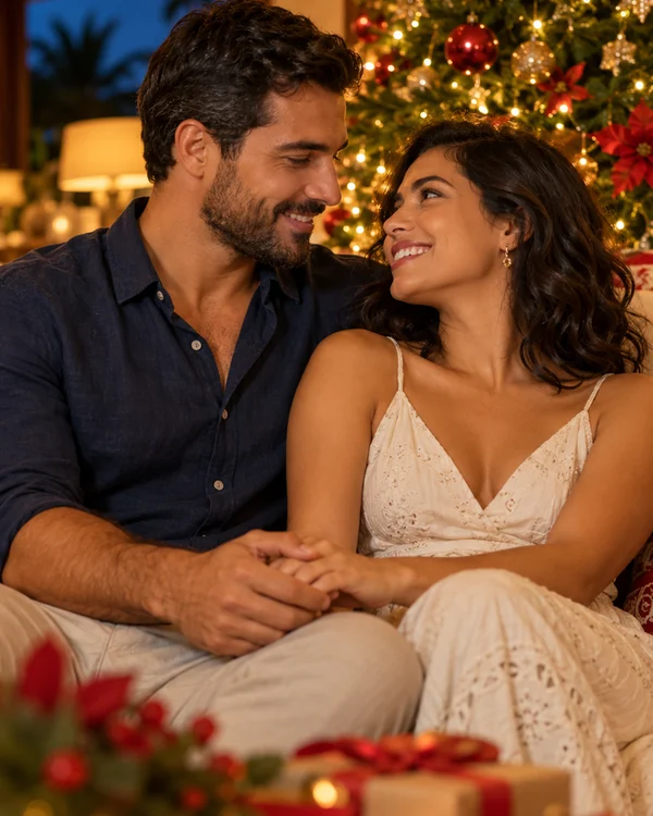 Casal fictício Rafael e Helena trocando um olhar carinhoso