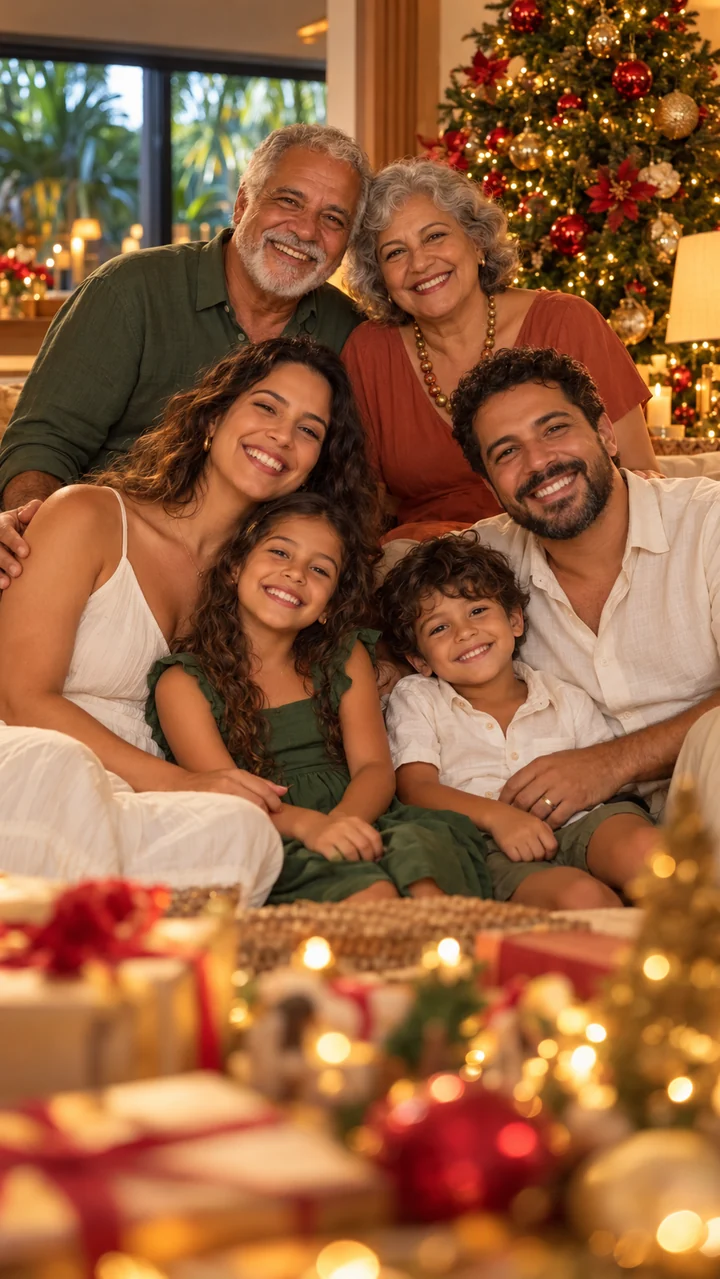 Família fictícia reunida junto à árvore de Natal